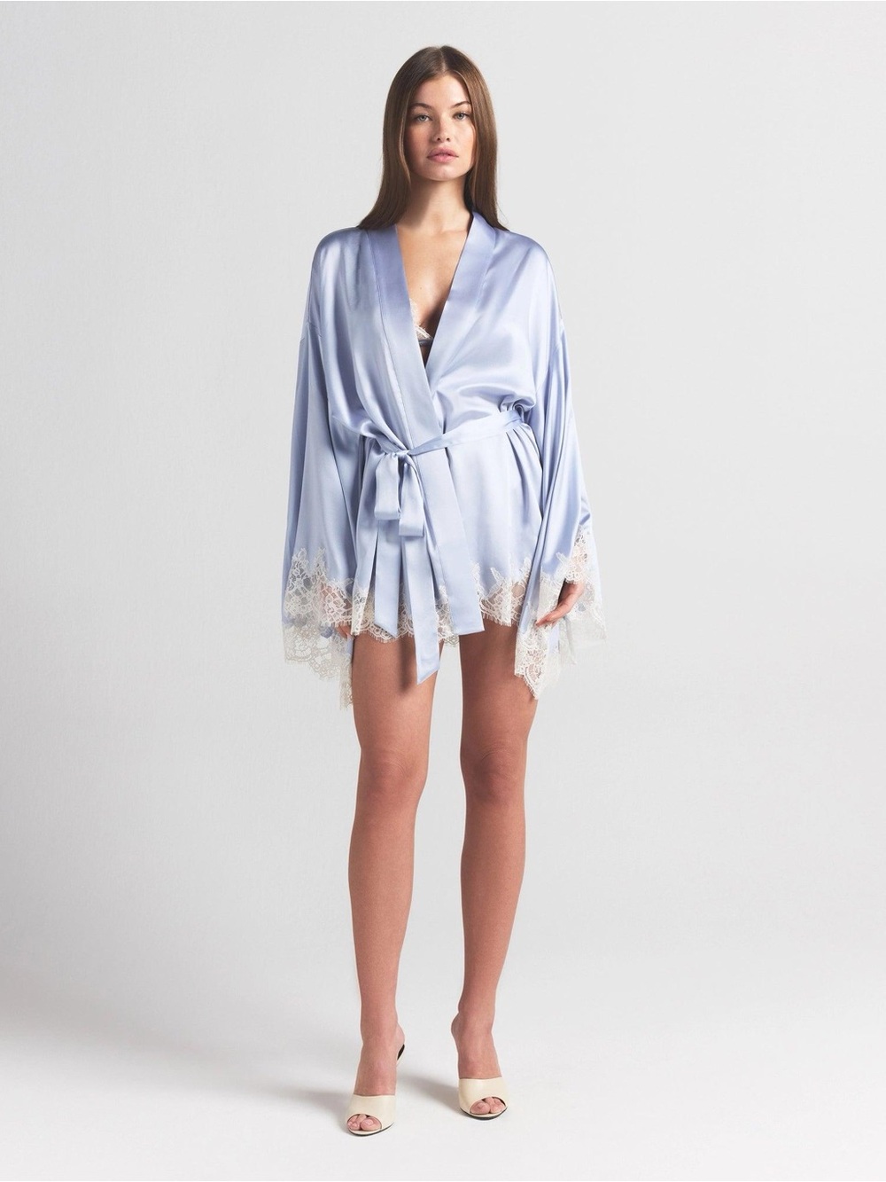 NWOT SIZE M SKIMS BLUE Satin Lace-Trim Short Robe in Light Blue